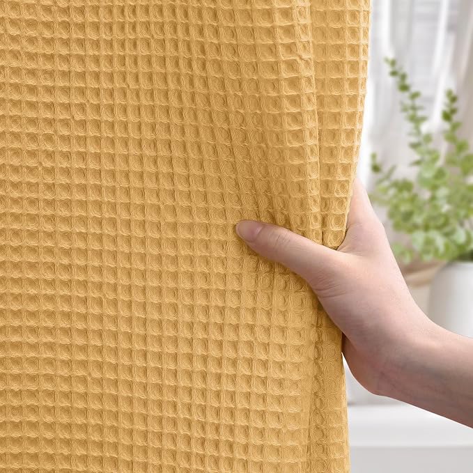 Waffle Weave Shower Curtain Heavyweight Cotton Fabric Gold 72Wx72L | Soft Cotton Cloth,3D Square Truely Waffle Washable, Hotel Luxury Spa, Shower Curtain Set for Bathroom 12 Plastic Hooks