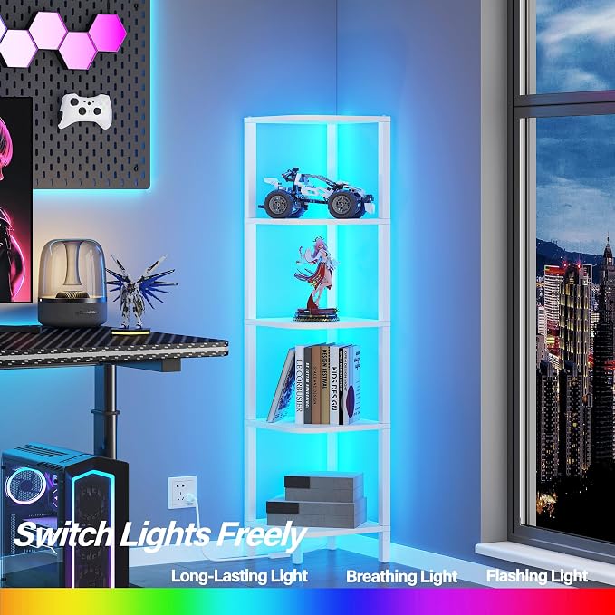 TUTOTAK Corner Shelf with LED Light, 5-Tier Corner Bookshelf | for Small Space, Narrow Display Corner Shelf Stand with Storage Rack, for Living Room, Bedroom, White BS08BW005L