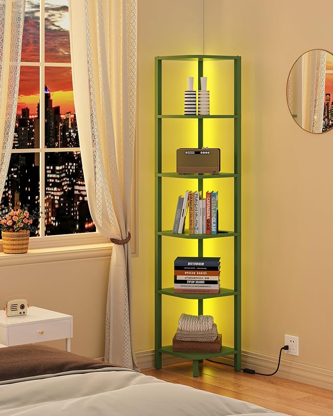 TUTOTAK Corner Shelf with LED Light, 6-Tier Corner Bookshelf | for Small Space, Narrow Display Corner Shelf Stand with Storage Rack, for Living Room, Bedroom, Olive Green BS08BOG006L