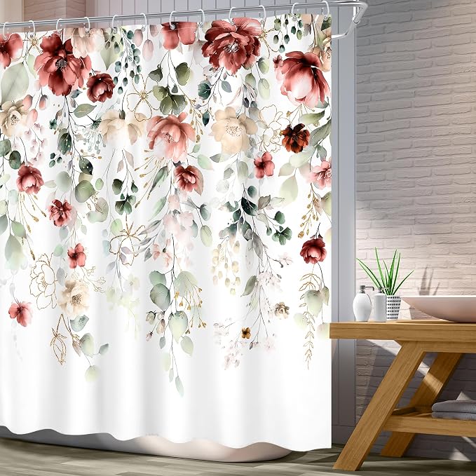 Red Floral Burgundy Rustic Watercolor Plant Bathroom Shower Curtain Set | 72"W x 72"L Flower Green style, clear shower print, fast-dry fabric and hooks for a simple bath update.