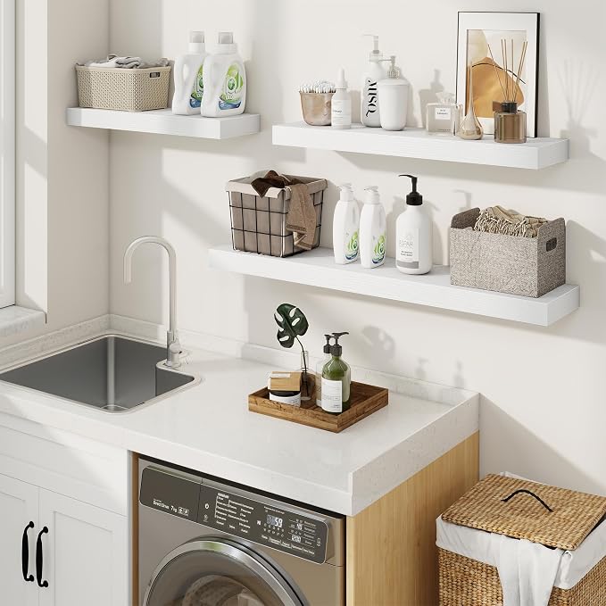 fuqing Floating Shelves for Wall, Wall Mounted Wood Floating Shelf with Invisible Brackets for Living Room, Bathroom, Bedroom, Kitchen Storage and Decor, 16 Inch Set of 2, White