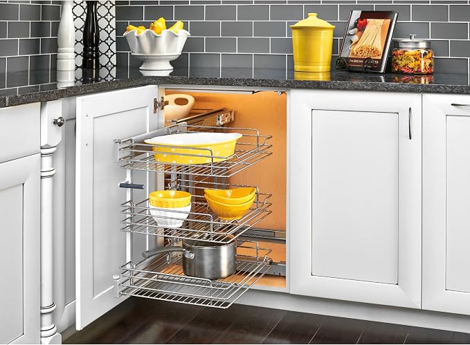 Rev-A-Shelf Chrome 3-Tier Wire Pullout Organizer with Soft-Close for Blind Corner Kitchen/Bathroom Cabinets, Adjustable 6-Basket Storage System, Min Opening Width of 18", 5PSP3-18SC-CR