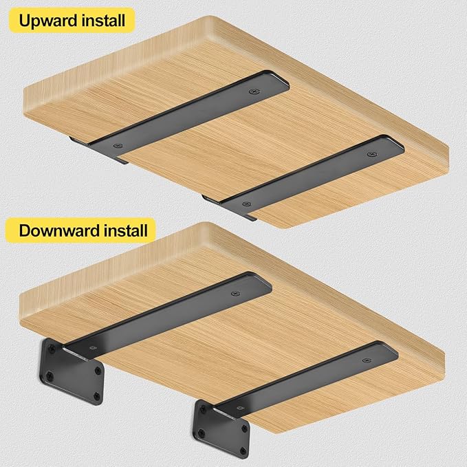 2 Pack - 10 inch Black Hidden L Shelf Bracket (1/5 Inch Thicked) Iron Floating Shelf Brackets Rustic Industrial Metal Brackets for Shelf Support