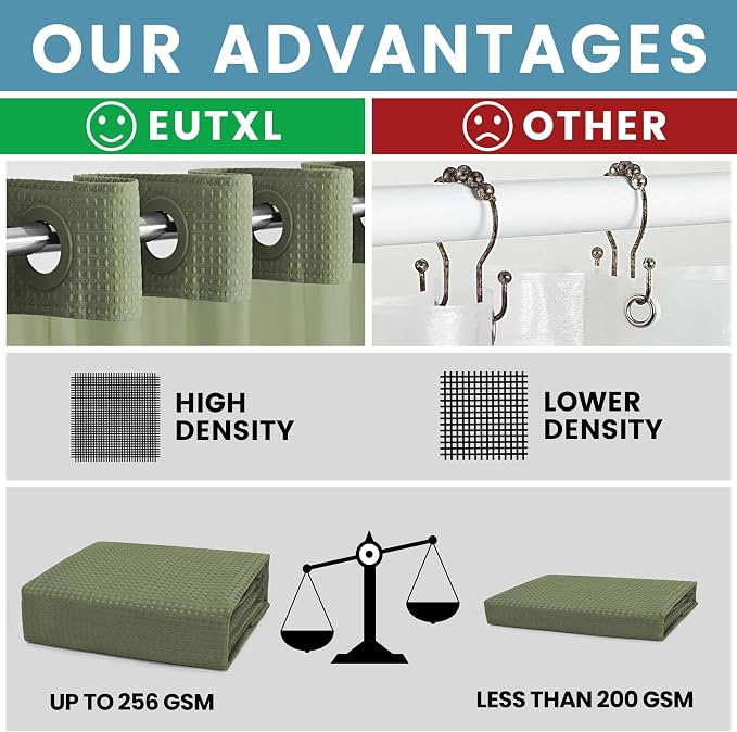 Heavyweight Waffle No Hook Shower Curtain with Liner, 71x74, Sage Green | Snap in Liner, 256GSM, Thick, Hotel Luxury Spa, Waterproof Fabric, Corner Magnets, 3 in 1 Set, Washable, Hang in Seconds