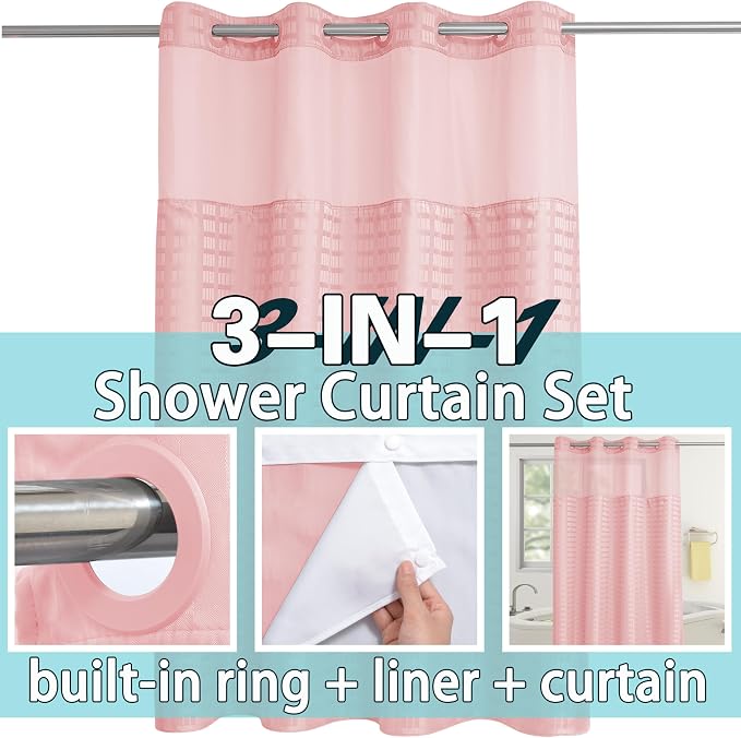 Conbo Mio Stall No Hook Shower Curtain with Snap in Liner Set, Hotel Luxury Pink Shower Curtains for Bathroom with See Through Top Window, Waterproof, Washable 54W x 74H