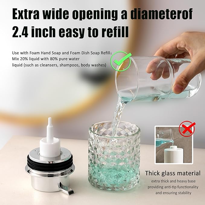 Malachi Foaming Hand Soap Dispenser, Refillable Clear Glass Foam Pump Bottle for Liquid Hand Soap, Dish Soap, Multi‑use for Bathroom, Kitchen & Commercial Use