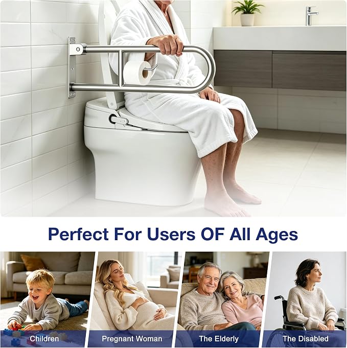 24 Inch Toilet Grab Bar with Paper Holder, Flip Up Handrail | Brushed 304 Stainless Steel | Wall mount | 1.25 inch grip | Space saving fold up design | Template & hardware included