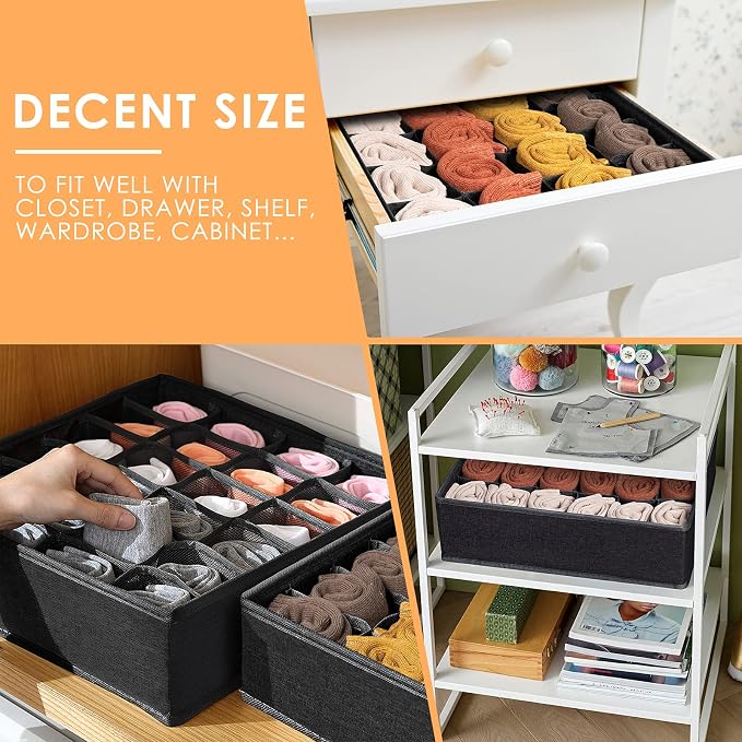 3 Pack Sock Underwear Organizer Dividers, 64 Cell Fabric Foldable Cabinet Closet Organizers and Storage Boxes for Storing Socks, Underwear, Ties (16+24+24 Cell, Black)