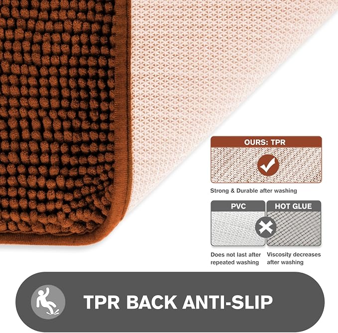 Rust Bathroom Rugs – Absorbent and Washable Bath Mat, Non-Slip, Thick Soft Chenille Bath Rugs for Bathroom Floor, Shower, Sink - 26" x 44"