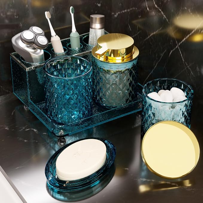 Glass Bathroom Accessories Set 5Pcs Crystal Teal, Foaming Soap Dispenser, Soap Dish, Cup, Acrylic Toothbrush Holder with Tray Organizer, Cotton Swab Jar, Bathroom Counter Set Sink Decor