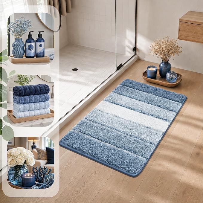 COSY HOMEER Bathroom Rugs 30x20,Ultra Soft Absorbent Bath Mat,Blue | Non-Slip TPR Backing Stays in Place, Machine Washable Bath Rugs Shaggy Rug for Bathroom Floor