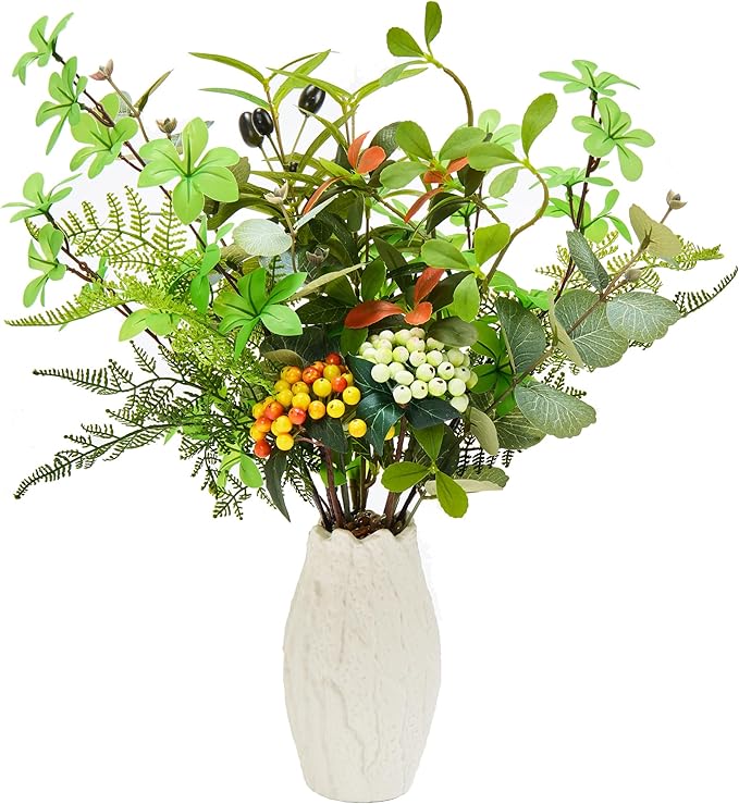 K&Y Realistic Artificial Potted Plants Olive Wild Fern Berry Decor Low Maintenance Faux Greenery Indoor Fake Plants for Home Office Bathroom Kitchen Desk Shelf No Watering Needed (White Vase)