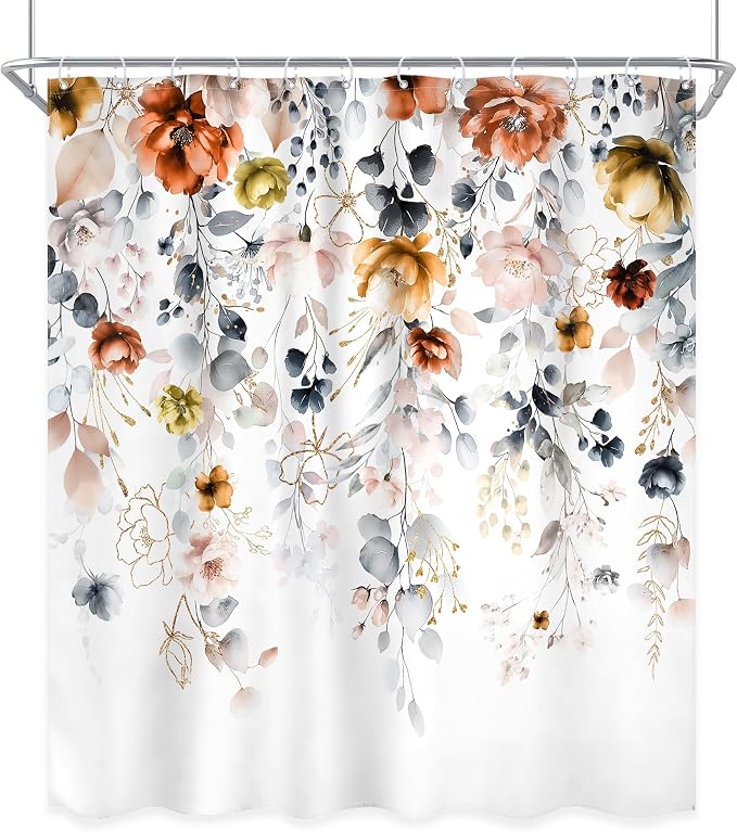 Yellow Orange Floral Pastel Watercolor Rustic Bathroom Shower Curtain Set | 60"W x 72"L Flower Eucalyptus design with waterproof HD artwork, quick-dry fabric and hooks for easy hanging.
