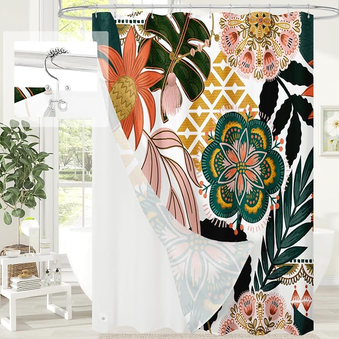 MitoVilla 3 in 1 Long Boho Floral Shower Curtain Set-72 W x 78 H, Chic Elegant Shower Curtain and Waterproof Fabric PEVA Liner Set with 12 Stainless Steel Hooks