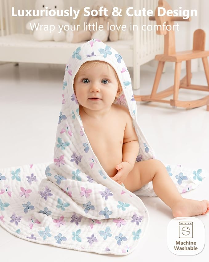 Baby Bath Towels, 100% Muslin Cotton Hooded Baby Towels for Newborn, 2 Pack Baby Towels with Hood for Infant Toddler and Kids, Large 32x32Inch Bath Essentials, Soft and Absorbent