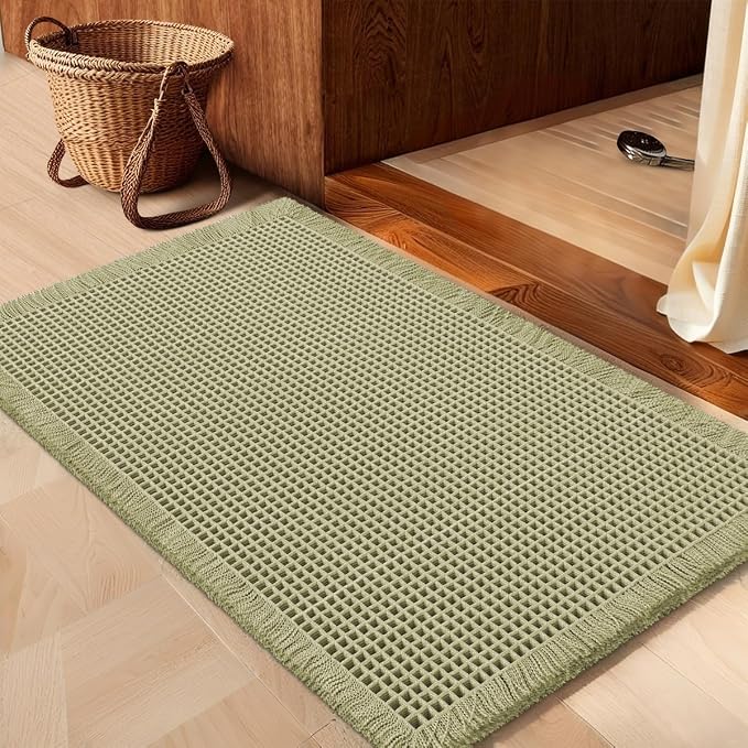 Waffle Bath Mat Green 24"x17",Boho Woven Modern Bath Mat Rugs, Absorbent Non Slip Bathroom Rugs, Soft Washable Bath Rugs with Tassels for Bedroom, Kitchen, Shower, Tub