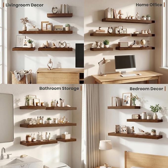 Vivelove Deep Floating Shelves 40x12” Set of 2, Walnut | Easy Install With Hardware, 2" Thick, Invisible Brackets, Wall Mounted, No Sagging, For Any Room