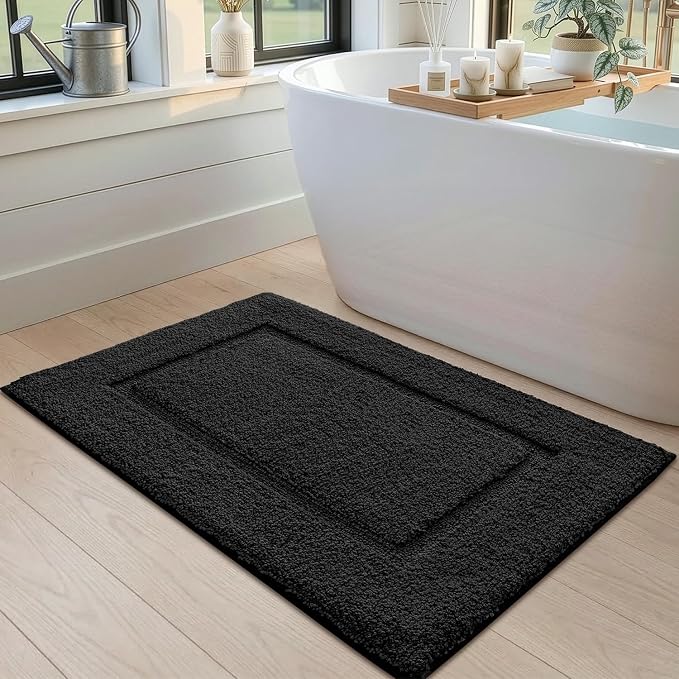 DEXI Bath Mat 43x24, Absorbent and Non Slip Bathroom Rugs, Black | Soft Plush Microfiber Bathmat, Machine Washable & Quick Dry, Rubber Back Rug for Shower, Tub, Sink