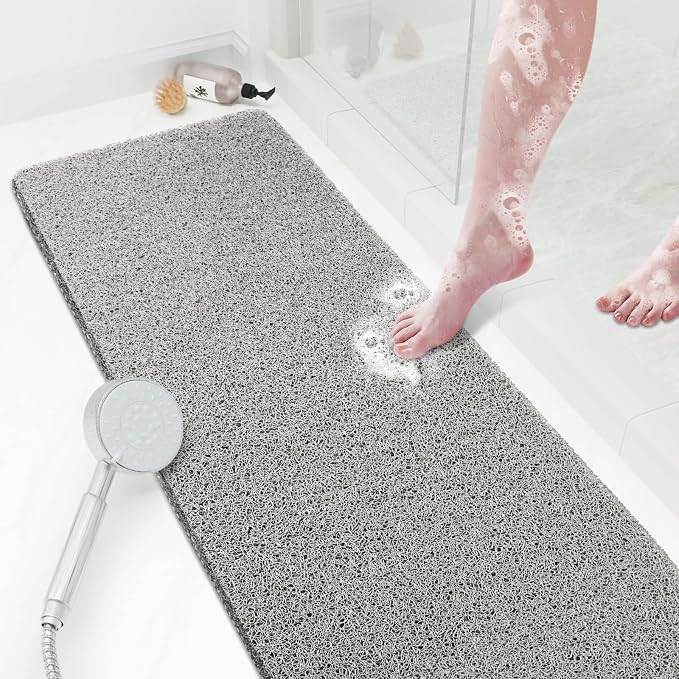 SoftDuo Shower Mat Bathtub Mat Non-Slip Soft Tub Mat | 47x16 inch,PVC Loofah Bath Mat with Drain for Tub and Bathroom,Quick Drying,Grey