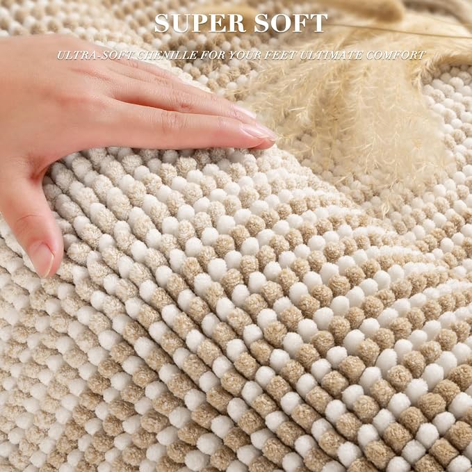 Bathroom Rugs and Mats Sets, 2 Piece Thick Absorbent Chenille Bath Mat Rug Set Non Slip, Soft Shaggy Bath Room Floor Mats for Bathroom, Machine Washable (Beige, 24" x 70" Plus 20" x 32")
