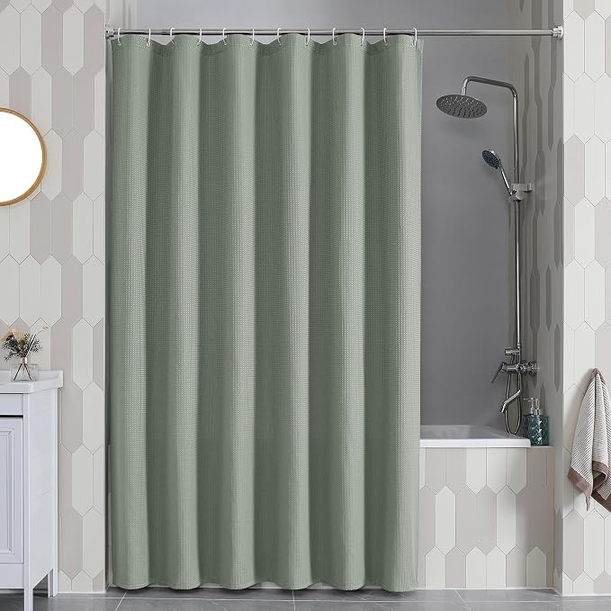 Extra Long Shower Curtain Set - 84 Inch Long Waffle Weave Heavy Duty Cloth Shower Curtain for Bathroom, Luxury Weighted 230GSM Bath Curtain Set with 12 Plastic Hooks, 72x84, Sage Green