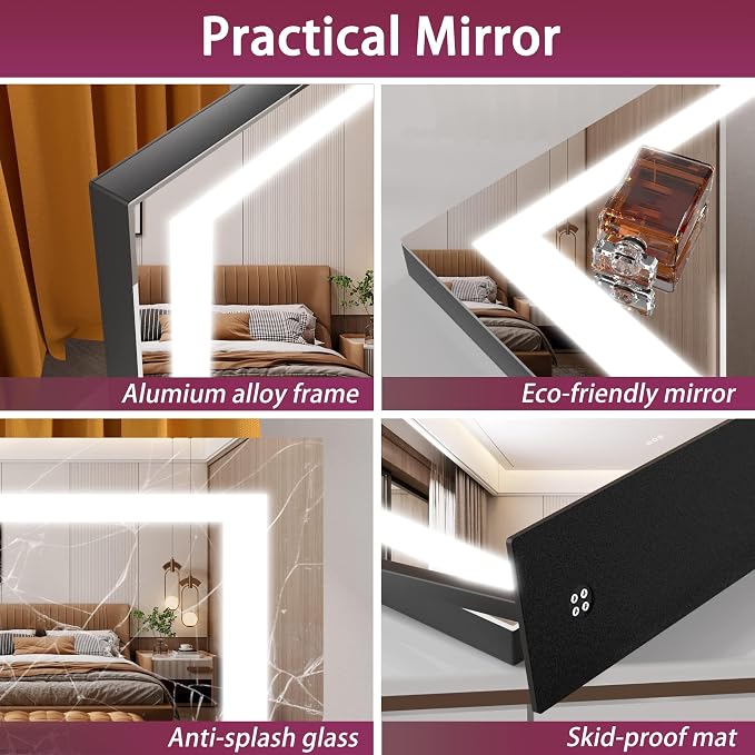 Hasipu Vanity Mirror with Lights, 24.2" x 19.7" LED Makeup Mirror, Light up Mirror with 10X Magnification, Smart Touch 3 Colors Dimmable, Brightness Adjustment, 360° Rotation (Right Angle Black)