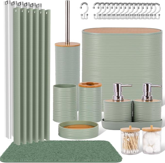 25 PCS Green Bathroom Accessories Set丨Shower Curtain Bathroom Accessory | All-in-One Kit with Shower Curtain,rug,Trash Can,Toothbrush Holder,Toilet BrushSoap Dispenser,Toothbrush Cup,etc for Home