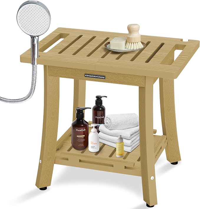 KingPavonini HDPS 18.6'' Shower Bench for Inside Shower, Bamboo M | Waterproof Shower Stool for Shaving Legs, 400 lb, Bathroom Chair Seat with Storage Shelf, for Tub/Outdoor Use, Quick Assembly