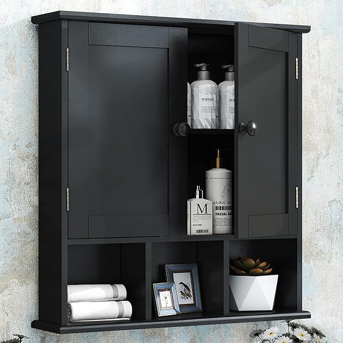 TaoHFE Black Medicine Cabinet Bathroom Over the Toilet Storage Cabinet | Wall Medicine Cabinet Organizer with 2 Door Adjustable Shelves, Wooden Modern Bathroom Shelves Wall Mounted Laundry Room