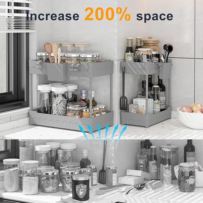 2-Pack Under Sink Organizer with Hooks & Hanging Cup for Kitchen | Multi-use kitchen & bathroom storage, 14.8 inch grey cabinet organizer, with hooks and hanging cup for easy access.