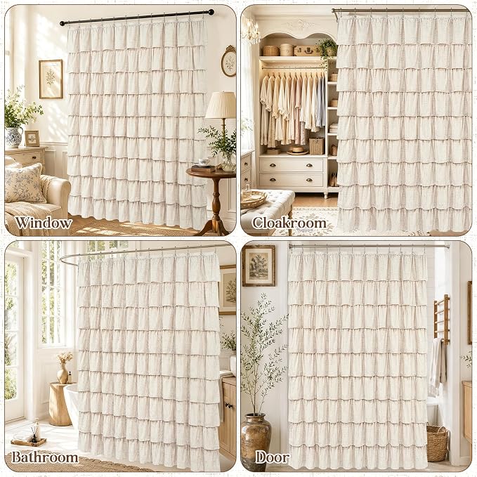 Farmhouse Shower Curtains for Bathroom, Ruffle Shower Curtain, 72"Wx72"L | Ruffle Design, Vintage Rustic Boho, Washable Waterproof Shower Curtain for Bathroom Bathtub, 12 Metal Hooks