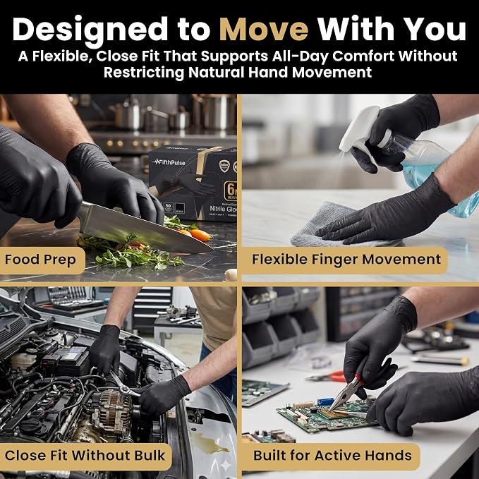 FifthPulse 6 Mil Black Nitrile Gloves, Heavy Duty Mechanic and Food Grade Glove - Powder-Free, Latex-Free Medical Exam Gloves