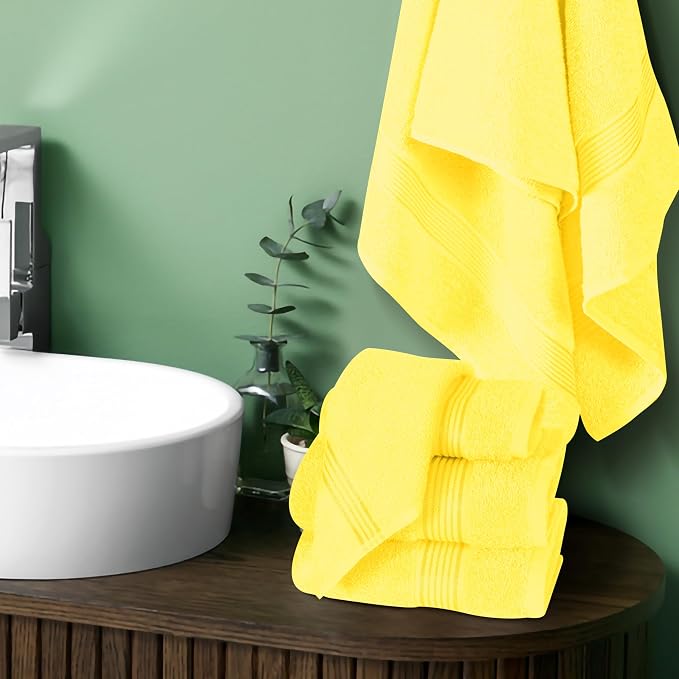 Ultra Soft 6 Pack Cotton Towel Set, Contains 2 Bath Towels 28x55 inch, 2 Hand Towels 16x24 inch & 2 Wash Coths 12x12 inch, Ideal for Everyday use, Compact & Lightweight - Yellow