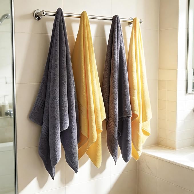 COZYART Luxury Bath Towels 4 PCS, 27x54 650 GSM Turkish Cotton, Grey+Yellow | Zero Twist 100% Ring Spun Cotton, Fluffy, Ultra Soft, Super Absorbent, Quick Dry, Large Towels for Hotel Spa Bathroom Shower