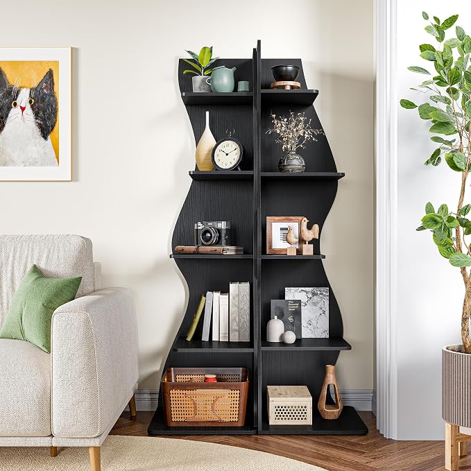 LITTLE TREE Small Corner Shelf, Modern 5-Tier Wall Wavy Corner Bookshelf | Stylish Bookcase Storage Rack for Small Space, Living Room, Bedroom, Black