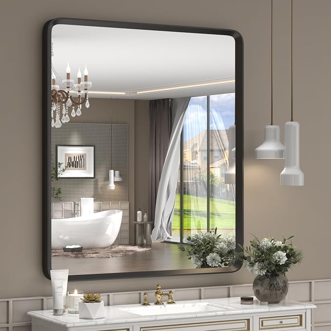 28x32 Inch Black Matte Framed Mirror for Bathroom | Rounded Rectangle Mirror, Bathroom Vanity Mirror for Wall, Anti-Rust, Shatterproof (Horizontal/Vertical)