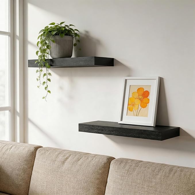 16 in Floating Shelves for Wall Decor Color Black,Pack 2 | Modern floating shelves for living room,bedroom,kitchen and bath.Organize & display books,photos and decor.easy mount,sturdy.