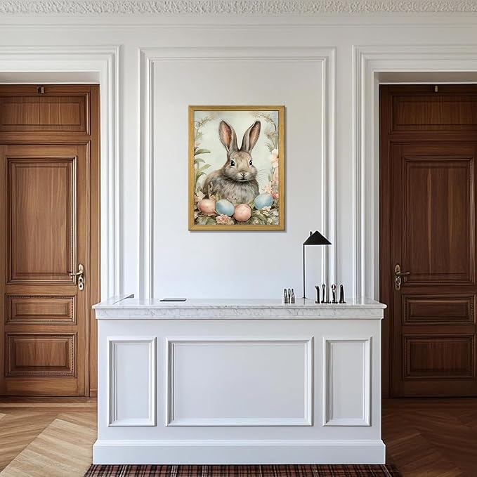 Easter Bunny Wall Art, Vintage Rabbit Canvas Wall Decor, Easter Eggs Poster Print Picture, Spring Farmhouse Animal Painting for Living Room Bedroom Kitchen Holiday Home Decor 16x24 Inch Wood Framed
