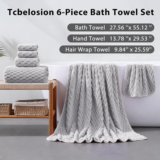 6-Piece Towel Set with 2 Bath Towels (28 x 55 Inches), 2 Hand Towels (14 x 30 Inches), and 2 Hair Wrap Towels (10 x 26 Inches), Soft and Breathable for Everyday Use(Grey)