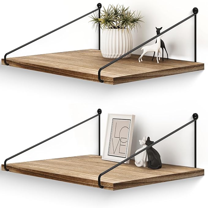Afuly Rustic Floating Shelves for Wall, 12 Inch Deep Wooden Shelf Set of 2 | Solid Wood and Metal, Hanging Bookshelf with Brackets, Plants Photos Display, for Bathroom, Kitchen, Living Room, Bedroom