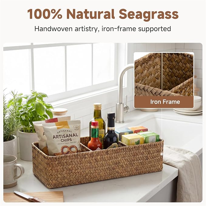 StorageWorks Toilet Paper Basket with Lid, Back of Toilet Baskets, Seagrass | Wicker Basket, Toilet Paper Storage for Back of Toilet Tank, Woven Baskets for Shelves, Wicker Baskets with 3 Compartments