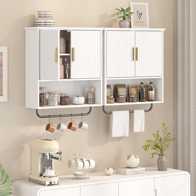 Wall Mounted Medicine Cabinet with Towel Bar & Adjustable Storage Shelf | White Space Saving Wood Bathroom Wall Cabinet 2 Doors for Laundry, Kitchen, Living Room