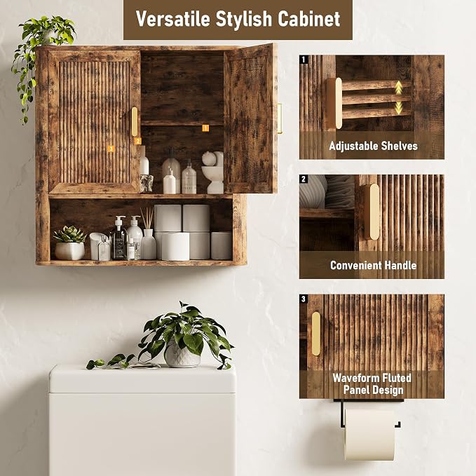 Bathroom Wall Cabinet, Wall-Mounted Medicine Cabinet with Adjustable Wood Shelf & Doors, Floating Bathroom Cabinet Over Toilet for Laundry Room & Kitchen & Living Room (Retro)