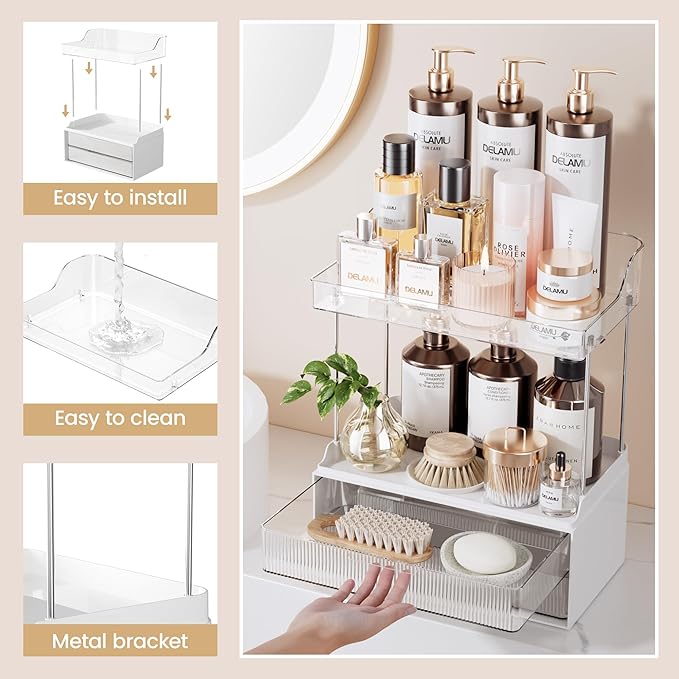 Delamu 4-Tier Makeup Organizer, Bathroom Counter, 2 Drawers,Clear 2Pack | Elegant Vanity Organizer Gift for Women, Holds Perfume, Skincare, Nail Polish & Hair Accessories for Bathroom Countertop