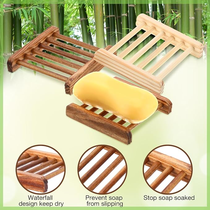100 Pcs Bamboo Wood Soap Dish Bulk Bathroom Wooden Soap Holder Savers Self Draining Dishes Handcraft Tray, 3.3 x 3.3 x 0.67 Inch (Wood Color,Charcoal Color)