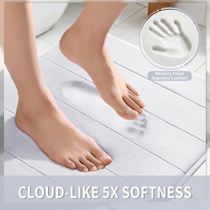 Yimobra Memory Foam Bath Mat, Super Soft Absorbent Bathroom Rug Non Slip 31.5x20 Inch, Quick Dry, Machine Washable Floor Carpet for Tub Shower, Home Decor Accessories, White