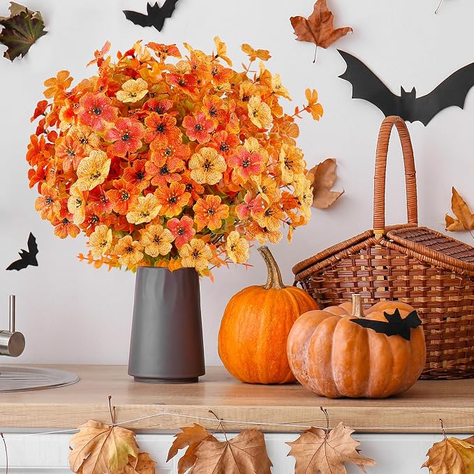 AGIRL Artificial Fall Flowers Fake Mums Outdoor,Faux Plant Porch Decor Home | 16 Bundles,No Fade Autumn Plastic Flowers for Thanksgiving Decoration,Hanging Planters Outside Pottery Barn Garden Patio