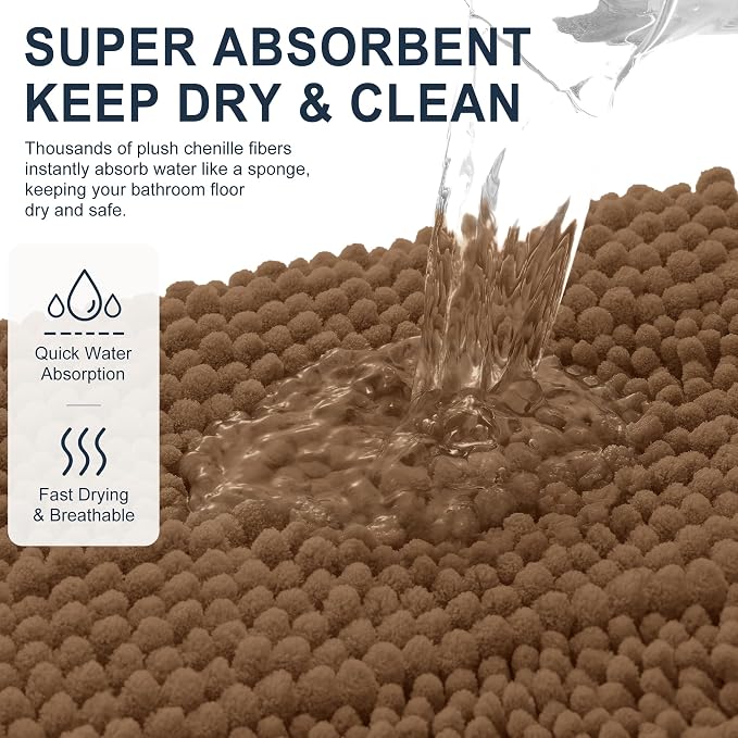 Smiry Thick Small Chenille Bathroom Rugs 24x16, Absorbent Bath Mat, Mocha | Quick‑Dry & Machine Washable, Non‑Slip Bath Carpet, Soft Striped Bath Rugs for Tub & Shower, Modern Home Decor Accessories