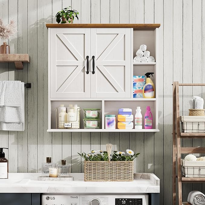Bathroom Wall Cabinet, Farmhouse Medicine Cabinet with Doors, White & Brown | Over The Toilet Storage Cabinet with Double Barn Door and Adjustable Wood Shelf for Wall Mounted for Bathroom Laundry Kitchen