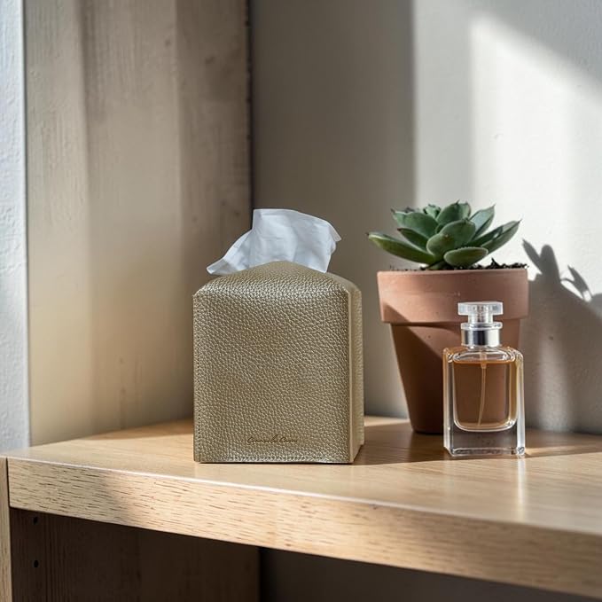 Premium PU Leather Tissue Box Holder - Elegant Hotel-Style Tissue Box Cover for Home, Office & Car Décor, Tissues Cube Organizer for a Natural & Classic Look (Gold 2 Pack)